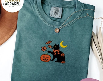 Haftowana koszulka z kotem na Halloween, koszulka w niebiańskich, jesiennych kolorach