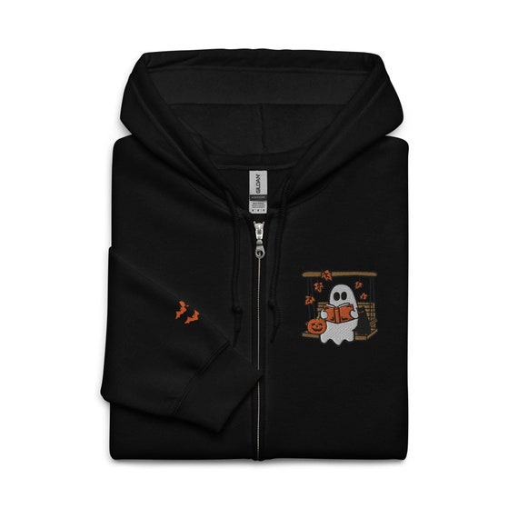 Bookish Ghost Hoodie, Embroidered Reading Cat Zip Up, Cute Spooky Bookworm Sweatshirt, Retro Halloween Jacket, Cozy Fall Gift for Reader