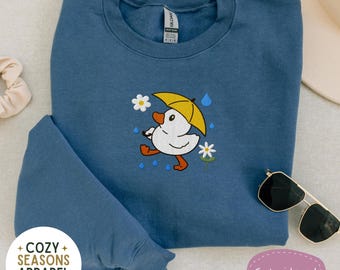Embroidered Duck Sweatshirt, Spring Rain Crewneck, Cute Umbrella Pullover, Aesthetic Cottagecore Clothing, Rainy Day Gift, Floral Sweater