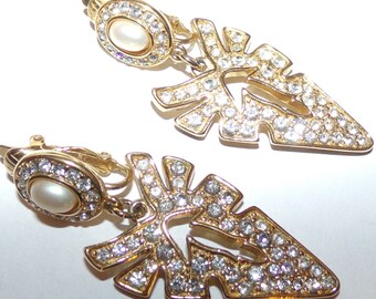 Outstanding signed twice Trifari rhinestone and faux earrings-WOW---