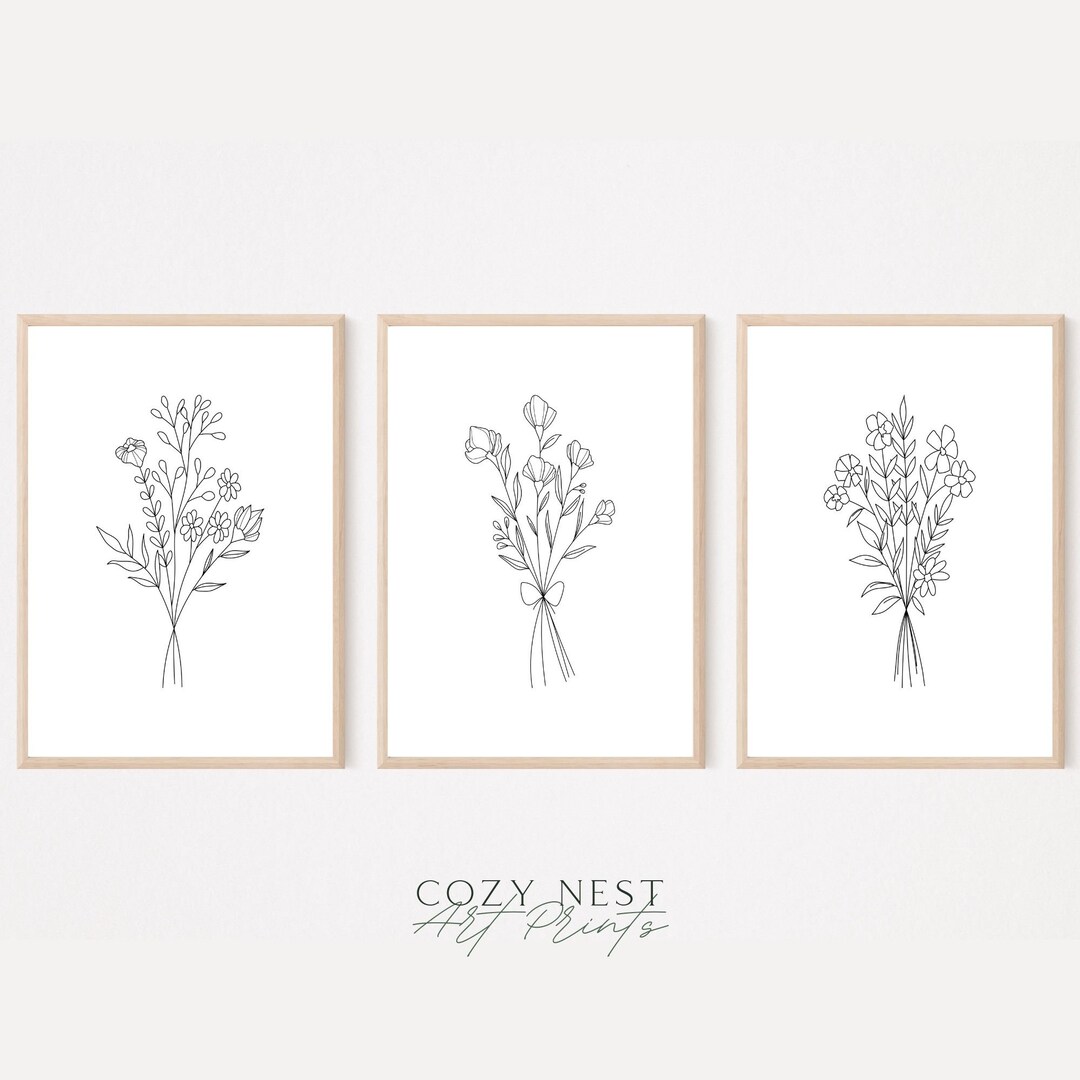 Flower Line Art Print Floral Print Botanical Wall Decor Set of 3 Prints ...