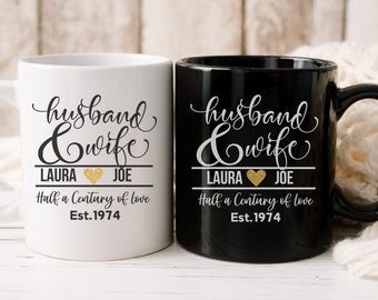 Custom 50th Wedding Anniversary Gift with Names, 50 Years Married, Golden Anniversary, 50 Year Together, Personalized His and Her Mugs