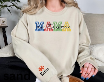 Custom Autism Mom Sweatshirt with Child Name on Sleeve, Autism Mama Sweatshirt,Autism Mom Gift,Autism Awareness Sweater,Autism Acceptance