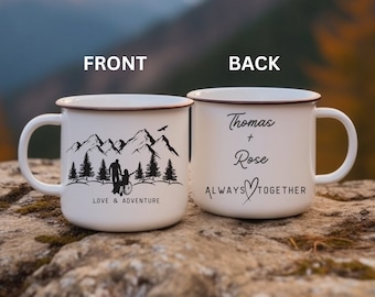 Personalized Disabled Gift Mountain Enamel Mug, Personalized Wheelchair Camping Mug, Love & Adventure Mountain,Mr Mrs Couples Campfire Mugs