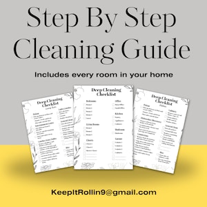 May include: Three printable checklists for deep cleaning your home, with floral borders. The checklists are titled "Deep Cleaning Checklist" and include categories for bedrooms, living rooms, closets, office, kitchen, pantry, mudroom, garage, bathroom, and laundry.