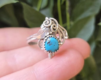 Vintage Navajo Sterling Silber Türkis Ring Größe 9,25 Natürliche Pyrit Matrix Handgemachter Native American Floral Schmuck