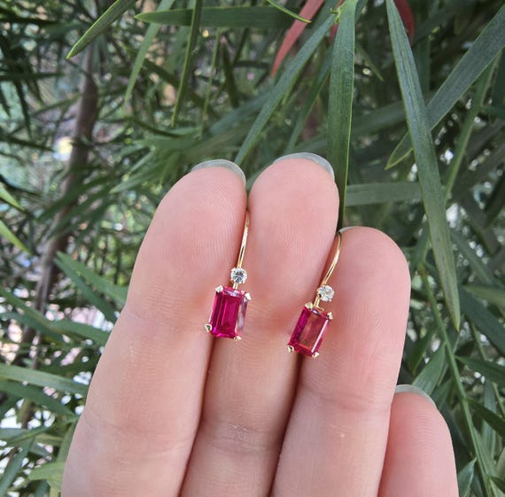 10k Solid Gold Emerald Cut Ruby Dangle Drop Earri… - image 1