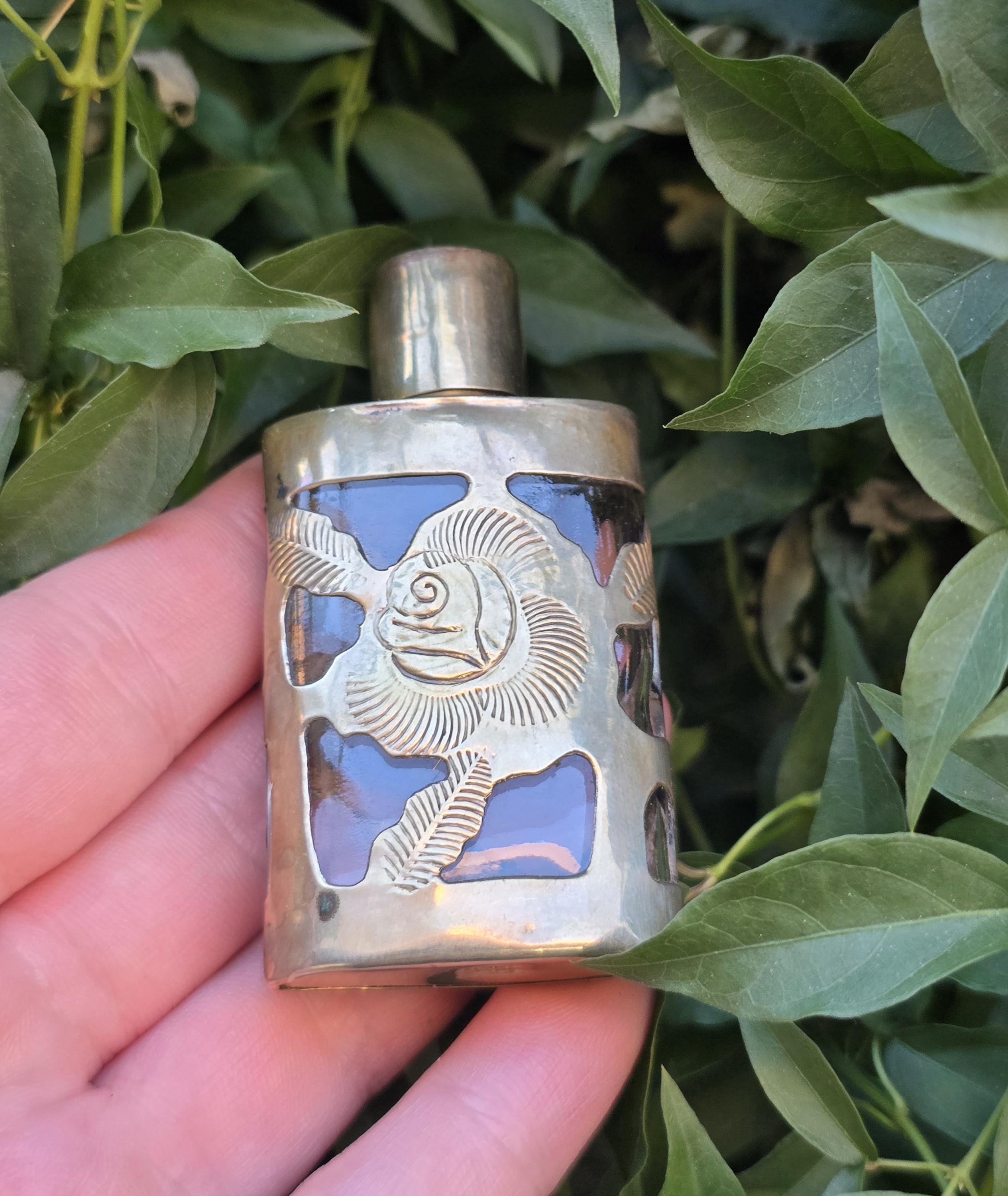 Vintage Sterling Silver 925 Floral Perfume Bottle with Glass Insert Rose Motif Vanity