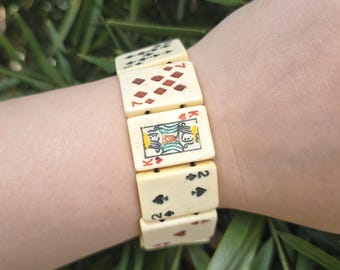Vintage Hand Carved Bone Playing Card Bracelet Hand Painted Poker Tile Bracelet Folk Art 7.25"