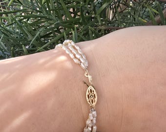 Vintage 14K Solid Gold & Seed Pearl Triple-Strand Bracelet- 7 inches