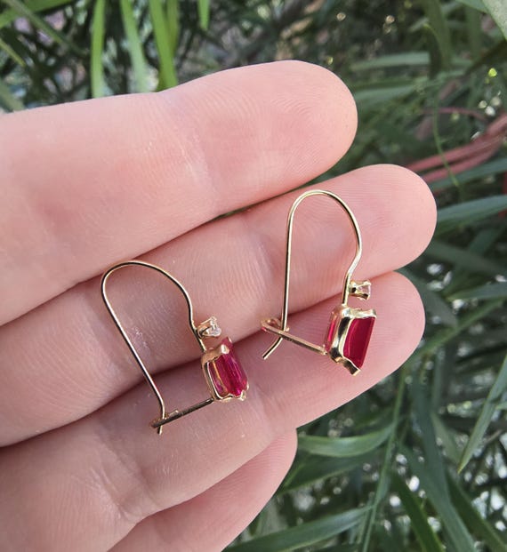 10k Solid Gold Emerald Cut Ruby Dangle Drop Earri… - image 3