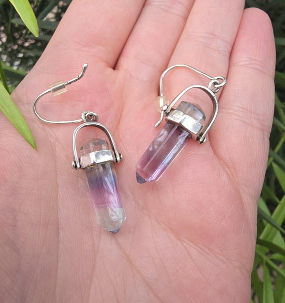 Rainbow Fluorite Crystal Point Earrings Tested Sterling Silver Dangle Gemstone Drop