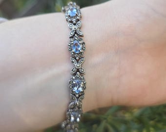 Vintage Art Deco Style Thai 925 Sterling Silver Marcasite Bracelet Fine Blue Topaz Color Glass XO Motif Size 8