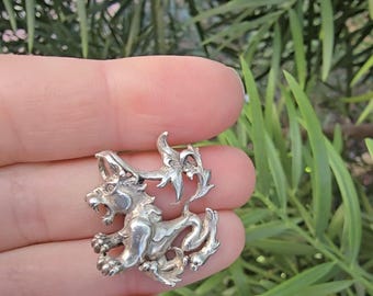 Vintage 1979 Sterling Silver Griffin Pendant Signed A Mythological Fantasy Jewelry