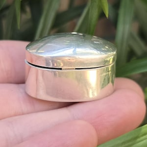 Könnte beinhalten: Ein kleiner, runder, silberfarbener Behälter mit einem Klappdeckel. Der Behälter wird in einer Hand gehalten, mit grünem Laub im Hintergrund. Der Behälter scheint aus Metall zu sein und hat eine polierte, reflektierende Oberfläche.