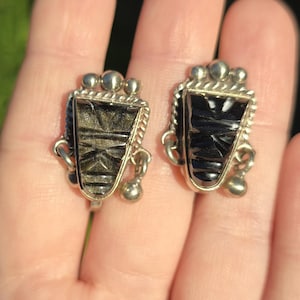 May include: A pair of silver-toned earrings with a dark, carved stone inlay. The earrings have a rectangular shape with a decorative border and small dangling accents. The stone has a carved design with gold and black tones.