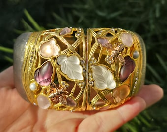 Vintage Authentic Alexis Bittar Hand Carved Lucite Cuff Bracelet Bee Leaves Berries Pearl Statement Medium 6.75" "Secret Garden"