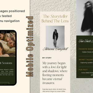 May include: A mobile-optimised website design featuring a smartphone displaying a portrait session, a biography titled "The Storyteller Behind The Lens", and "Fun Facts About Me". The design includes text and images.