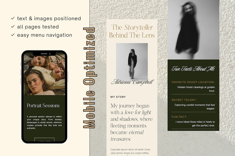 May include: A mobile-optimised website design featuring a smartphone displaying a portrait session, a biography titled "The Storyteller Behind The Lens", and "Fun Facts About Me". The design includes text and images.