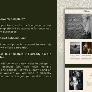 May include: A website template design in black and white. The template features a homepage with a wedding photo and a section for blog posts. The FAQs section answers questions about template access and Showit subscriptions.