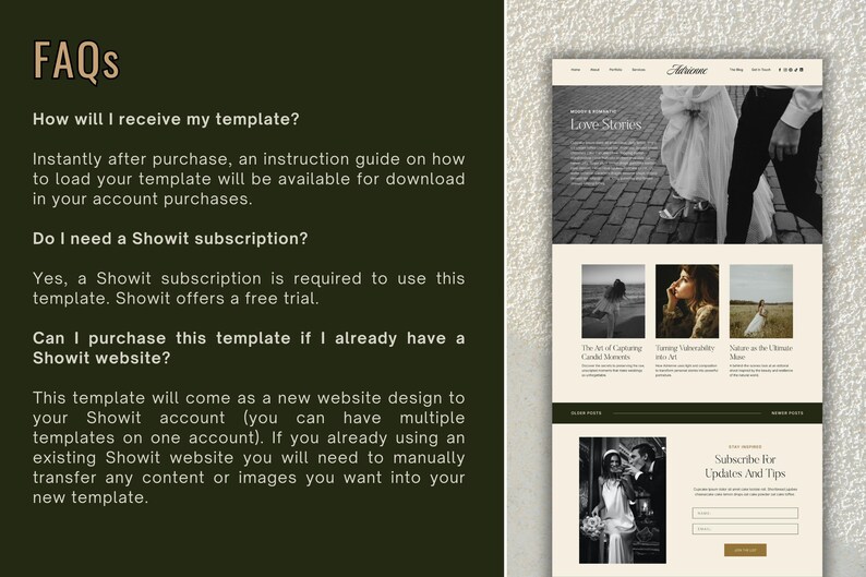 May include: A website template design in black and white. The template features a homepage with a wedding photo and a section for blog posts. The FAQs section answers questions about template access and Showit subscriptions.