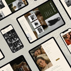 May include: Digital devices, including tablets and smartphones, display a website with a minimalist design. The website features black and white photography and a neutral colour palette. The devices are arranged on a textured surface.