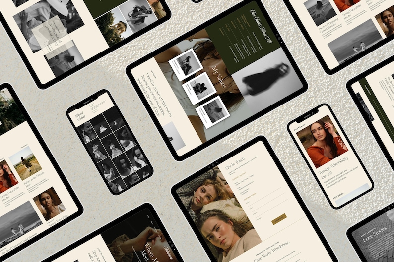 May include: Digital devices, including tablets and smartphones, display a website with a minimalist design. The website features black and white photography and a neutral colour palette. The devices are arranged on a textured surface.