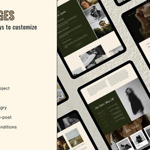 May include: A digital mockup of a website design displayed on multiple tablets. The website features a dark green and cream colour scheme with photographic elements. Text on the left side reads "11 PAGES endless ways to customise".