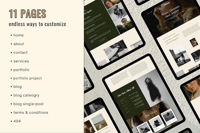 May include: A digital mockup of a website design displayed on multiple tablets. The website features a dark green and cream colour scheme with photographic elements. Text on the left side reads "11 PAGES endless ways to customise".