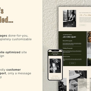 May include: A website design layout with a mobile phone mockup. The design includes text that says "What's included..." and "11 pages done-for-you, completely customisable". The design also includes the text "mobile optimised site design" and "friendly customer support, only a message away".