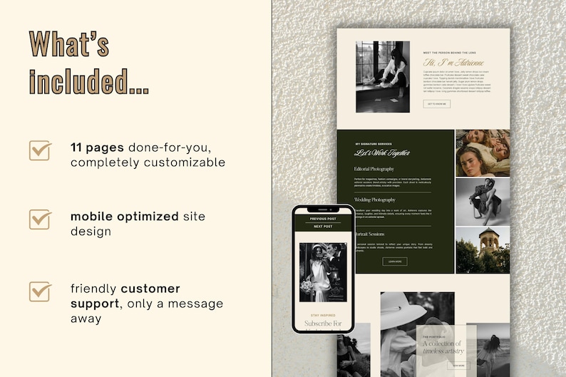 May include: A website design layout with a mobile phone mockup. The design includes text that says "What's included..." and "11 pages done-for-you, completely customisable". The design also includes the text "mobile optimised site design" and "friendly customer support, only a message away".