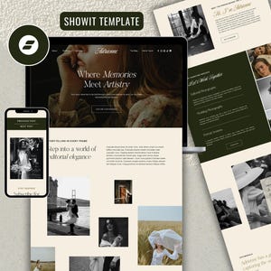 May include: A website template displayed on a laptop and smartphone. The website features a neutral colour palette with the name "Adrienne" and the tagline "Where Memories Meet Artistry." The smartphone shows a blog post. The template is for photographers.