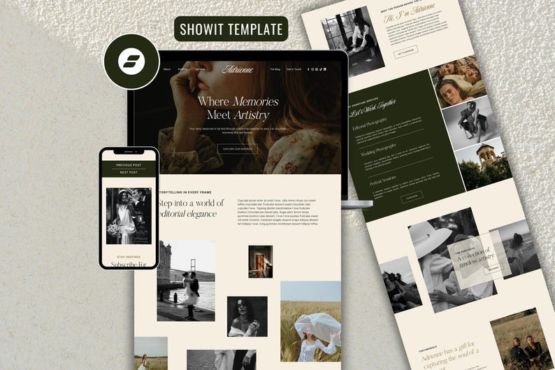 May include: A website template displayed on a laptop and smartphone. The website features a neutral colour palette with the name "Adrienne" and the tagline "Where Memories Meet Artistry." The smartphone shows a blog post. The template is for photographers.