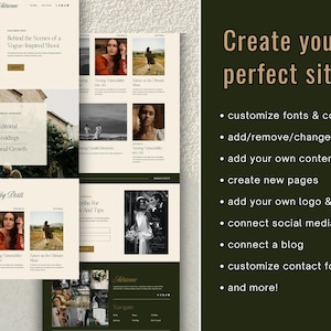 May include: Website design layout with a green background and text that reads "Create your perfect site." The layout includes blog posts, editorial content, and options to customise fonts, colours, and add content.