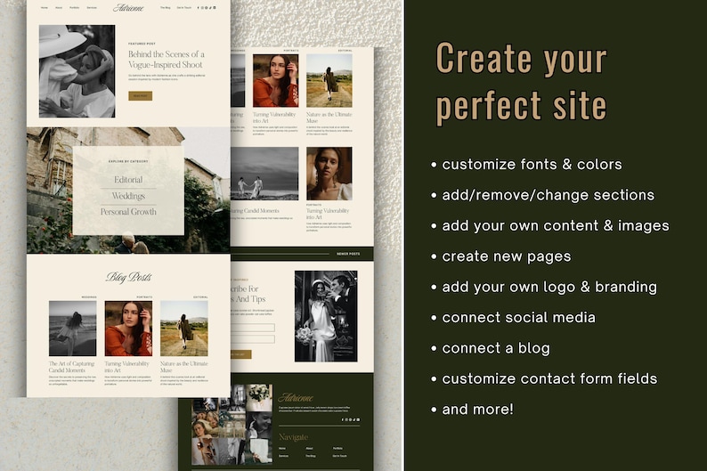 May include: Website design layout with a green background and text that reads "Create your perfect site." The layout includes blog posts, editorial content, and options to customise fonts, colours, and add content.