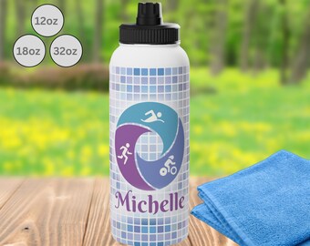 Personalized Stainless Steel Water Bottle For Triathlete, Triathlon Gift, Sizes - 120z, 18oz, Or 32oz