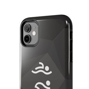 May include: A black smartphone case with a glossy finish and a subtle geometric faceted pattern. The back of the case features two white graphic icons of a person swimming in a freestyle stroke, positioned vertically one above the other.