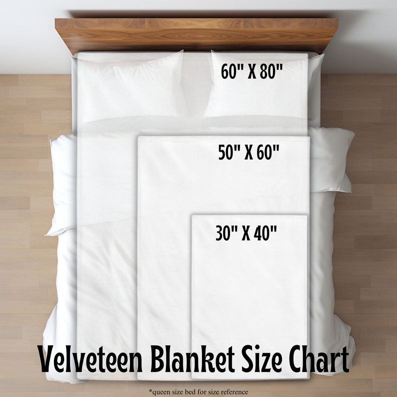 May include: A size chart for Velveteen blankets, showing the dimensions of three different sizes: 30 inches by 40 inches, 50 inches by 60 inches, and 60 inches by 80 inches. The chart is displayed on a queen-sized bed for size reference.
