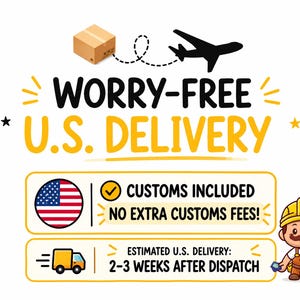 Pode incluir: Um gr&aacute;fico com o texto WORRY-FREE U.S. DELIVERY, uma caixa de envio castanha, um avi&atilde;o preto e um trabalhador da constru&ccedil;&atilde;o civil em desenho animado. Inclui um &iacute;cone da bandeira dos EUA, um visto e um &iacute;cone de cami&atilde;o amarelo com texto.