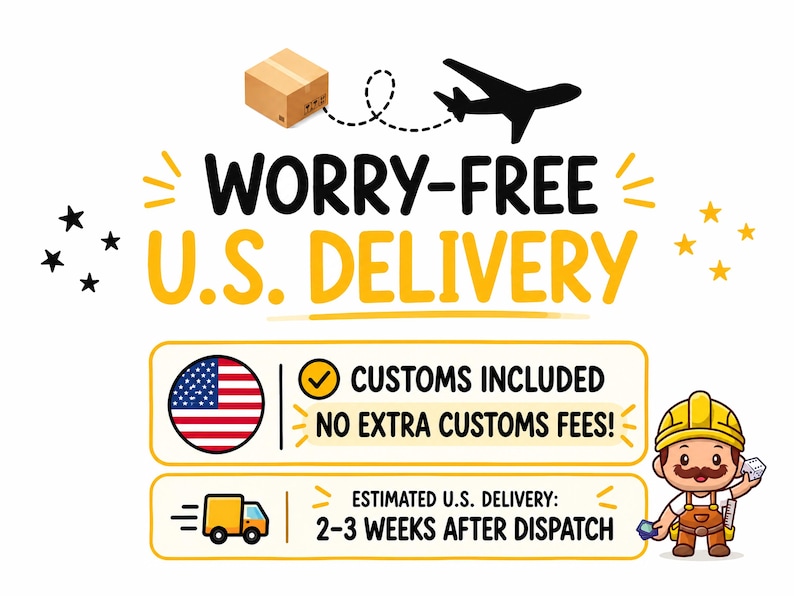Pode incluir: Um gr&aacute;fico com o texto WORRY-FREE U.S. DELIVERY, uma caixa de envio castanha, um avi&atilde;o preto e um trabalhador da constru&ccedil;&atilde;o civil em desenho animado. Inclui um &iacute;cone da bandeira dos EUA, um visto e um &iacute;cone de cami&atilde;o amarelo com texto.