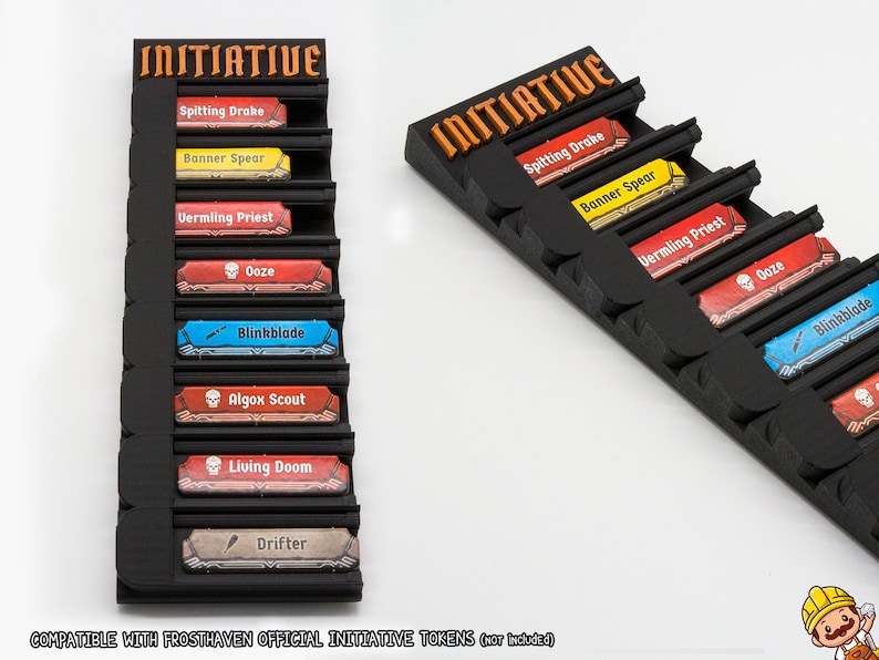 May include: A black plastic initiative tracker board with the word INITIATIVE embossed at the top. It features multiple horizontal slots holding rectangular game tokens labeled Spitting Drake, Banner Spear, Vermling Priest, Ooze, Blinkblade, Algox Scout, Living Doom, and Drifter.