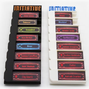 May include: Two vertical initiative trackers for board games, one black and one white, each featuring the word INITIATIVE at the top and eight slots containing rectangular character cards with names like Stone Golem, Tinkerer, and Brute.