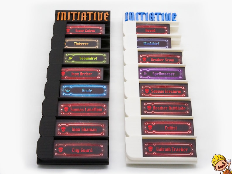 May include: Two vertical initiative trackers for board games, one black and one white, each featuring the word INITIATIVE at the top and eight slots containing rectangular character cards with names like Stone Golem, Tinkerer, and Brute.