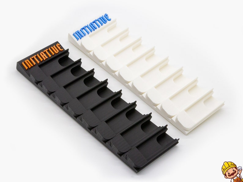 May include: Two rectangular game tracker organizers, one black and one white, each featuring seven slots for game pieces. The black organizer has the word INITIATIVE embossed in orange, while the white organizer has the same word in blue.