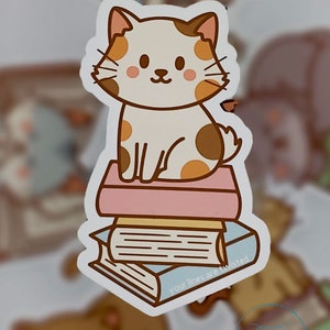 Cat Sitting on Books  || Matte or Glossy Sticker || Book Lovers || Reading || Gifts for Librarians