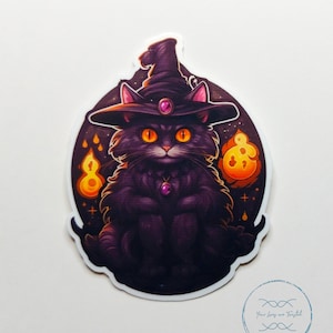 May include: A black cat wearing a witch's hat with a purple gem on the top. The cat is sitting in front of a dark background with three glowing orange flames.