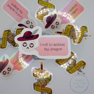 May include: A set of colorful stickers featuring a skull wearing a red hat and the text "I roll to seduce the dragon". The stickers also feature dice, swords, and the phrase "To Smite!"