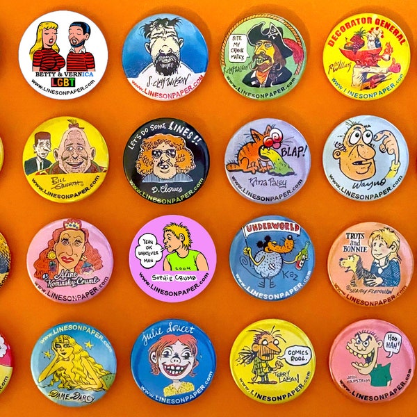 Underground Alternative Comix Comics 1.75" Pinback Buttons of Your Choice. Made by Lines On Paper proceeds benefit kidsonpaper.org nonprofit