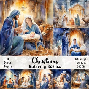 Watercolor Christmas Nativity Scenes | Digital Paper Pack | Christmas Scene  | Christmas Background | Baby Jesus | Card Making | Printables