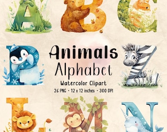 Watercolor Animal Alphabet Clipart | Nursery ABC Letters (PNG)